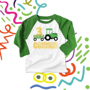 Tractor 3rd birthday shirt | third birthday farm raglan shirt | green tractor plow | personalized any age raglan birthday 22BD-007-R