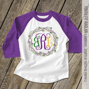 Mardi Gras shirt | monogram bead wreath mardi gras kids raglan shirt | mardi gras monogram youth raglan shirt | parade shirt SNLMG-011R