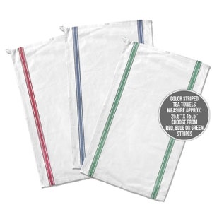 May include: Three white tea towels with red, blue, and green stripes. The towels measure approximately 25.5 inches by 15.5 inches.