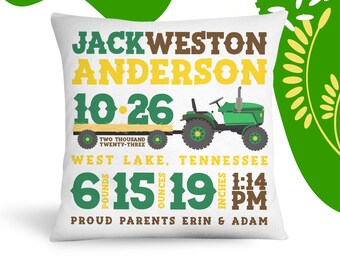 Birth announcement pillow tractor new baby gift custom farmer green yellow tractor throw pillowcase with optional pillow insert BP-101