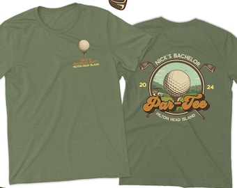 May include: Green t-shirt with a golf ball graphic and the text "Nick's Bachelor Par-Tee Hilton Head Island" on the back. The front of the shirt has a smaller golf ball graphic and the text "Nick's Bachelor Party Hilton Head Island".