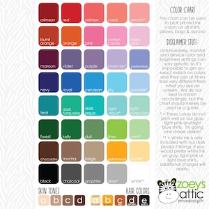 May include: Color chart with a grid of 36 color swatches, labeled with names like crimson, red, salmon, coral, peach, burnt orange, orange, pink, cotton candy, baby pink, maroon, violet, purple, lavender, periwinkle, navy, royal, cerulean, sky, powder, teal, dark turquoise, dark aqua, light aqua, light turquoise, forest, kelly, dull, lime, mint, chocolate, mocha, beige, goldenrod, butter, black, charcoal, graphite, silver, and white. The chart also includes a disclaimer about color variations and a section for skin tones and hair colors.