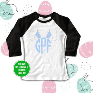 Easter shirt boy circle monogram bunny ears personalized raglan Tshirt adorable custom monogrammed raglan shirt 22SNLE-022 image 1