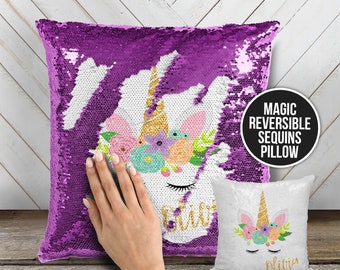 Unicorn face sequin pillow | reversible sequin mermaid pillowcase | personalized faux glitter unicorn decorative sequin pillow