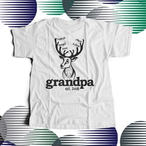 Funny deer hunter shirt - grandpa established deer head t-shirt personalized with multiple grandkid names - fun Father's Day gift 22FD-028
