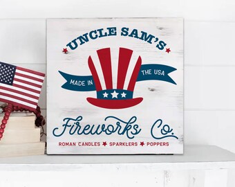 Made in the USA 4th of july farmhouse rustic decor uncle sam's fireworks co. fourth of july firework wood signs decorations americana decor