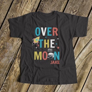 over the moon kids shirt | spaceship rocket dark tshirt | fun outer space t-shirt for kids - MSPACE-003D