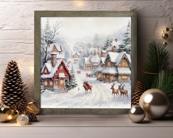 Vintage snowy holiday village Framed exclusive Vintage Christmas Village Print: High-Quality Canvas Art, Christmas Print - Framed