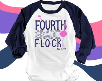 Teacher team shirt - any grade pink flamingo flock personalized adult raglan shirt for teachers 22MSCL-037-R