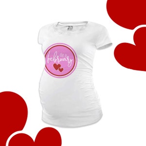 Due in February circle with hearts long or short sleeve maternity of non maternity pregnancy announcement Tshirt MMAT-032 image 1