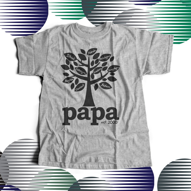 Grandpa shirt family tree grandpa established t-shirt personalized with multiple grandkid names great Father's Day gift 22FD-027-G Gray