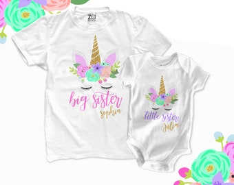 unicorn Big sister little sister unicorn face glitter matching sibling shirt set | unicorn sibling shirts | big sister shirts MSS-008