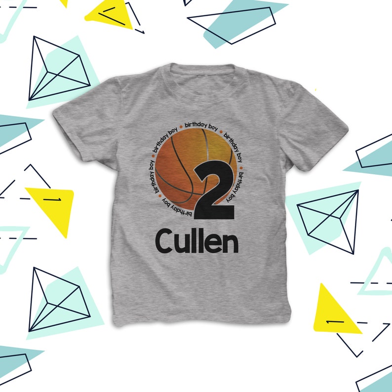 May include: Gray t-shirt with a basketball graphic and the number 2. The basketball has the words "birthday boy" repeated around it. The name Cullen is printed below the basketball.