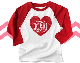 GIRLS Valentine glitter heart monogram raglan shirt -  sparkly monogrammed KIDS raglan shirt SNLV-010-RRedYouth