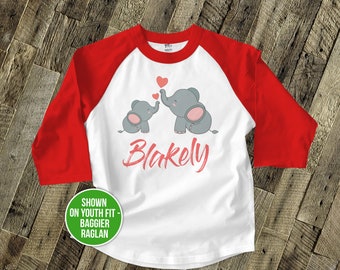 Valentines Day girls shirt elephant love personalized or non-personalized Raglan 22SNLV-014-R