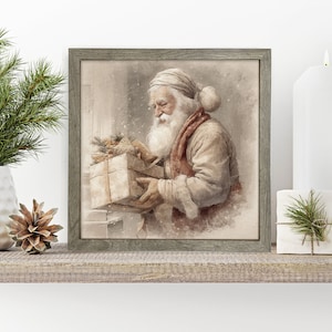 Santa with Christmas present Framed Vintage Santa Print: High-Quality Canvas Art, Santa in Old-Time Style, Christmas Print - Framed