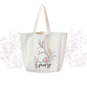 Girls Easter Bunny Bag - Sweet soft bunny easter bag for gathering eggs, Easter totebag for girls linen textured tote bag for egg hunting