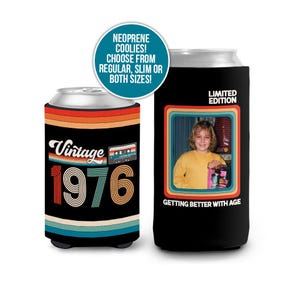 50th birthday vintage 1976 photo slim or regular can coolie | personalized retro can cooler milestone birthday party favor can cooler