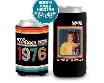 50th birthday vintage 1976 photo slim or regular can coolie | personalized retro can cooler milestone birthday party favor can cooler