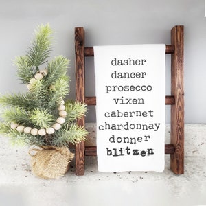 christmas tea towel | reindeer names wine list dasher prosecco chardonnay blitzen alcohol kitchen dish towel | funny holiday tea towel gift