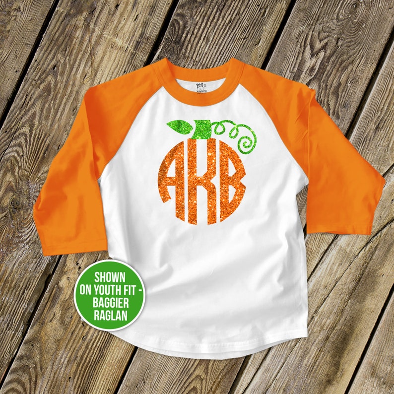 girls fall shirt glitter pumpkin girls shirt for pumpkin patch monogram pumpkin glitter monogram pumpkin personalized kids raglan GMPS image 1