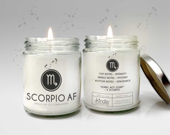 funny scorpio AF zodiac scorpion candle gift for october november birthday smells like it's complicated soy blend wax candle zodiac birthday