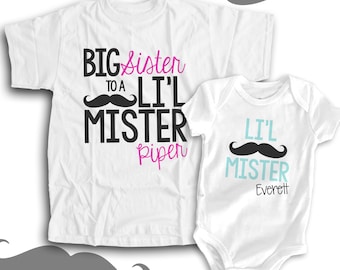 Big sister little brother sibling set mustache big sister li'l mister matching Tshirts MMUS-001