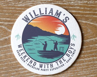May include: A round white coaster with a sunset scene and two figures fishing from a boat. The text "William's Weekend With The Boys Good Beer. Bachelor Party Expedition. Good Times" is printed around the image.