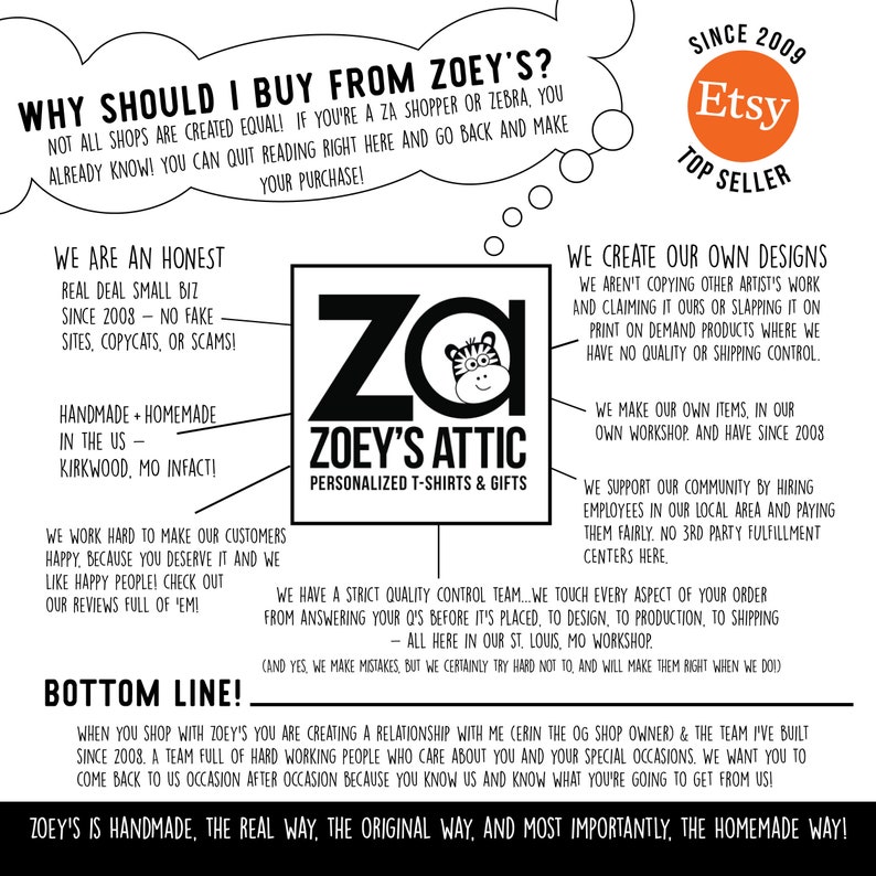 May include: Black and white illustration of a zebra with the text "ZOEY'S ATTIC" and "PERSONALIZED T-SHIRTS & GIFTS" below. The text "WHY SHOULD I BUY FROM ZOEY'S?" is in a thought bubble above the illustration. The text "SINCE 2009 Etsy TOP SELLER" is in a circle with a black and white Etsy logo. The text "WE ARE AN HONEST REAL DEAL SMALL BIZ SINCE 2008 - NO FAKE SITES, COPYCATS, OR SCAMS!" is in a white rectangle. The text "HANDMADE + HOMEMADE IN THE US KIRKWOOD, MO INFACT!" is in a white rectangle. The text "WE WORK HARD TO MAKE OUR CUSTOMERS HAPPY, BECAUSE YOU DESERVE IT AND WE LIKE HAPPY PEOPLE! CHECK OUT OUR REVIEWS FULL OF 'EM!" is in a white rectangle. The text "BOTTOM LINE!" is in a white rectangle. The text "WHEN YOU SHOP WITH ZOEY'S YOU ARE CREATING A RELATIONSHIP WITH ME (CERIN THE OG SHOP OWNER) & THE TEAM I'VE BUILT SINCE 2008. A TEAM FULL OF HARD WORKING PEOPLE WHO CARE ABOUT YOU AND YOUR SPECIAL OCCASIONS. WE WANT YOU TO COME BACK TO US OCCASION AFTER OCCASION BECAUSE YOU KNOW US AND KNOW WHAT YOU'RE GOING TO GET FROM US!" is in a white rectangle. The text "ZOEY'S IS HANDMADE, THE REAL WAY, THE ORIGINAL WAY, AND MOST IMPORTANTLY, THE HOMEMADE WAY!" is in a white rectangle. The text "WE CREATE OUR OWN DESIGNS WE AREN'T COPYING OTHER ARTIST'S WORK AND CLAIMING IT OURS OR SLAPPING IT ON PRINT ON DEMAND PRODUCTS WHERE WE HAVE NO QUALITY OR SHIPPING CONTROL." is in a white rectangle. The text "WE MAKE OUR OWN ITEMS, IN OUR OWN WORKSHOP. AND HAVE SINCE 2008" is in a white rectangle. The text "WE SUPPORT OUR COMMUNITY BY HIRING EMPLOYEES IN OUR LOCAL AREA AND PAYING THEM FAIRLY. NO 3RD PARTY FULFILLMENT CENTERS HERE" is in a white rectangle. The text "WE HAVE A STRICT QUALITY CONTROL TEAM... WE TOUCH EVERY ASPECT OF YOUR ORDER FROM ANSWERING YOUR Q'S BEFORE IT'S PLACED, TO DESIGN, TO PRODUCTION, TO SHIPPING - ALL HERE IN OUR ST. LOUIS, MO WORKSHOP. (AND YES, WE MAKE MISTAKES, BUT WE CERTAINLY TRY HARD NOT TO AND WILL MAKE THEM RIGHT WHEN WE DO!)" is in a white rectangle.