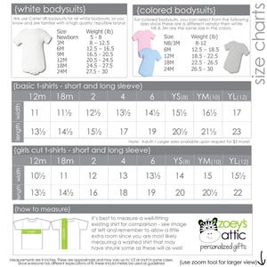 May include: Size chart for white and coloured bodysuits, basic t-shirts, and girls' cut t-shirts. The chart includes sizes from newborn to 24 months and weight ranges in pounds. It also includes measurements for length and width in inches.
