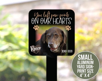 Pet photo memorial garden sign | paw prints on our hearts grave marker lawn sign | personalized memorial pet aluminum yard sign yrd-sign-009