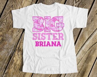 Big sister shirt- pink CAMO print personalized t-shirt MSMP-007N