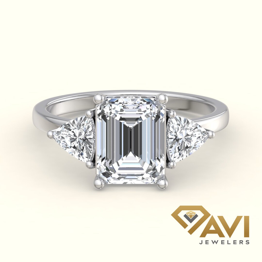Trillian Rings 2.50CT Emerald Cut Moissanite Three Stone Engagement Ring Side Stone ...