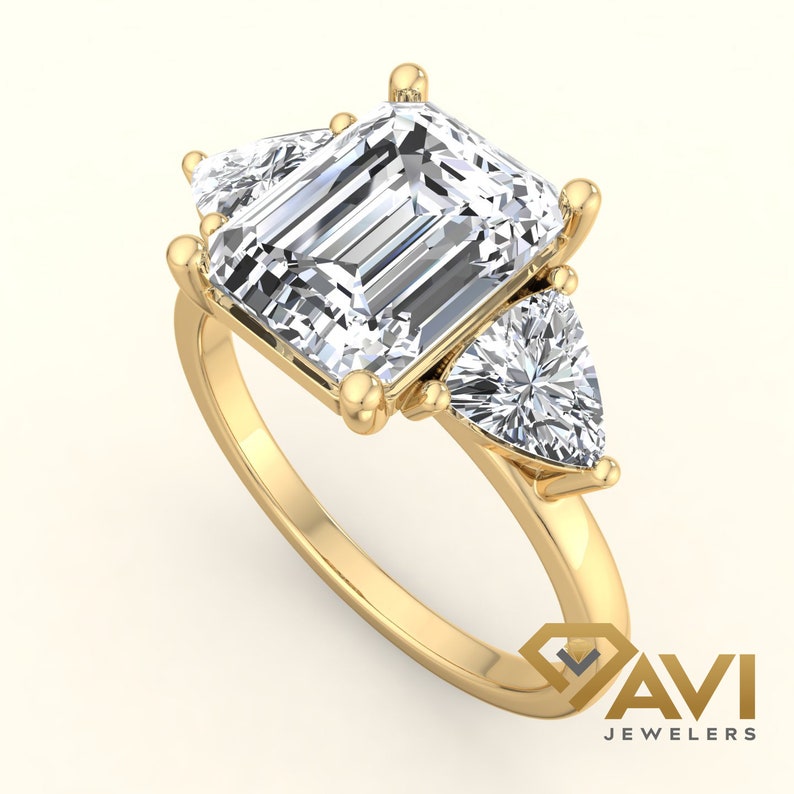 Trillian Rings 2.50CT Emerald Cut Moissanite Three Stone Engagement Ring Side Stone ...