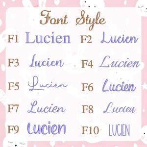 May include: A pink background with the words "Font Style" in brown script. Below are ten examples of the name "Lucien" in different font styles, ranging from simple to ornate, with the text in purple and brown.