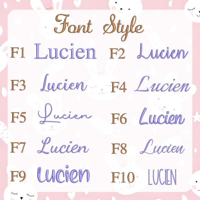 May include: A pink background with the words "Font Style" in brown script. Below are ten examples of the name "Lucien" in different font styles, ranging from simple to ornate, with the text in purple and brown.