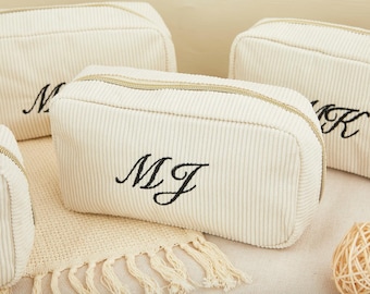 Personalized Seersucker Makeup Bag, Embroidered Initial Cosmetic Travel Bag