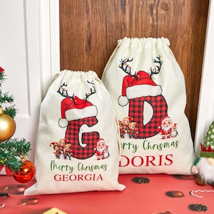 Custom Santa Sack Christmas Sack with Name & Initial, Name Initial Xmas Stocking,Christmas Present Gift Bag for Him Her Kids Adults Children