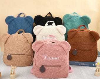 Sac à dos personnalisé avec nom d'enfant en peluche, cartable avec nom et motif personnalisés, sac à dos brodé en peluche pour tout-petit, cadeau d'anniversaire pour sac à dos enfant ours