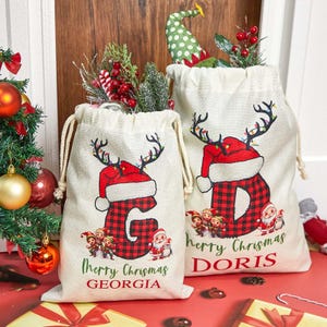 Custom Santa Sack Christmas Sack with Name & Initial, Name Initial Xmas Stocking,Christmas Present Gift Bag for Him Her Kids Adults Children