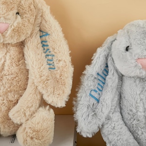 May include: Two plush bunny rabbits. One is tan with blue embroidered text on the ear that reads "Austin". The other is gray with blue embroidered text on the ear that reads "Daila". Both have pink noses.