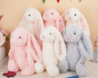 Personalisierte gestickte Häschen weiches Plüschtier, benutzerdefinierte Häschen, Neugeborenen Geschenk, Baby-Dusche-Geschenk, mit Monogramm Häschen, Blumenmädchen Geschenk