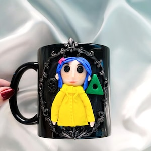 Coraline Mug, Coraline Doll, Polymer Clay Mug, Ceramic Coffee Cups, Mug Handmade, Spooky Mug, Caroline Button Eyes, Gifts Coraline lovers image 3