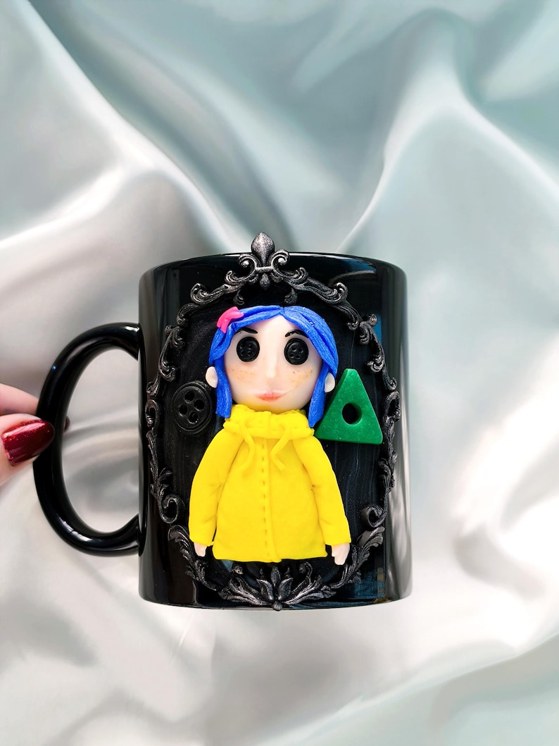 Coraline Mug, Coraline Doll, Polymer Clay Mug, Ceramic Coffee Cups, Mug Handmade, Spooky Mug, Caroline Button Eyes, Gifts Coraline lovers image 3