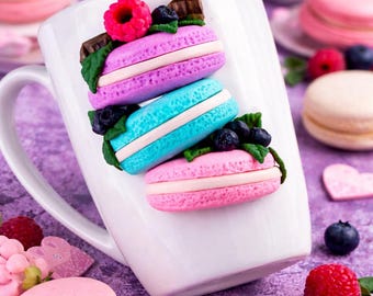 Cute Kawaii Macaron Mug, Handmade Aesthetic Coffee Cup, Dessert Lover Gift, Unique Cute Mug for Her, Pink Sweet Cup”