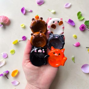 Könnte beinhalten: Eine Sammlung von sechs kleinen, glänzenden, katzenförmigen Keramikschalen in verschiedenen Farben wie Braun, Weiß mit braunen Flecken, Dunkelgrau, Schwarz und leuchtendem Orange. Jede Schale zeigt ein geformtes Katzengesicht mit Ohren und einer Vertiefung.