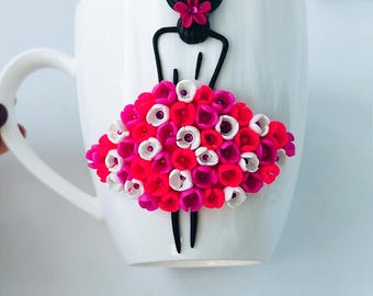Handmade Polymer Clay Ballerina Mug - Cute 3D Flower Tutu Girl Coffee Cup Gift for Her