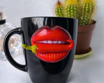 Pepper Kiss Mug, Handmade Polymer Clay Red Lips Coffee Cup
