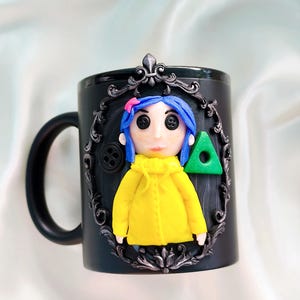 Coraline Mug, Coraline Doll, Polymer Clay Mug, Ceramic Coffee Cups, Mug Handmade, Spooky Mug, Caroline Button Eyes, Gifts Coraline lovers image 2