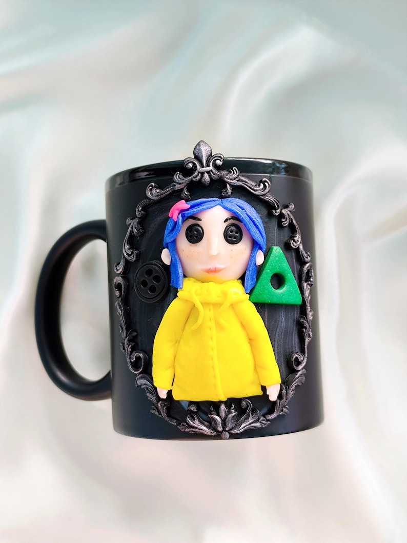 Coraline Mug, Coraline Doll, Polymer Clay Mug, Ceramic Coffee Cups, Mug Handmade, Spooky Mug, Caroline Button Eyes, Gifts Coraline lovers image 2